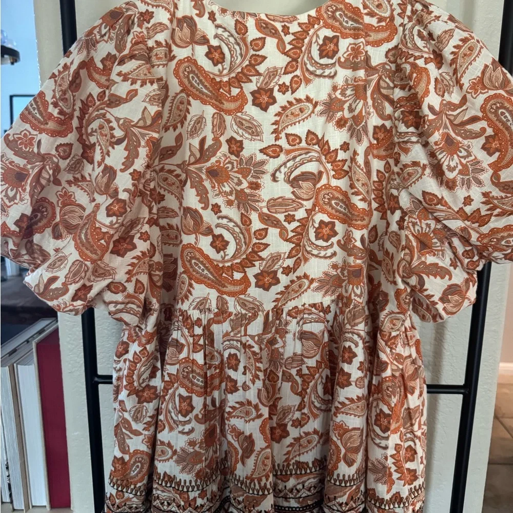 Anthropologie Relaxed Ruffled Puff Sleeve Blouse in White and Orange